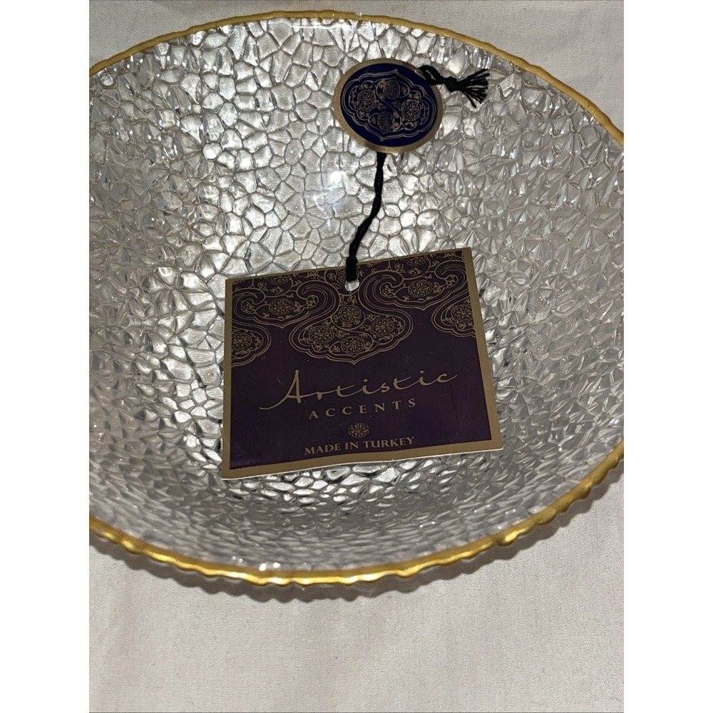 ARTISTIC ACCENTS PEBBLE TEXTURED CLEAR GLASS‎ GOLD TRIM HAND DECORATED 3 BOWLS - Picture 3 of 6